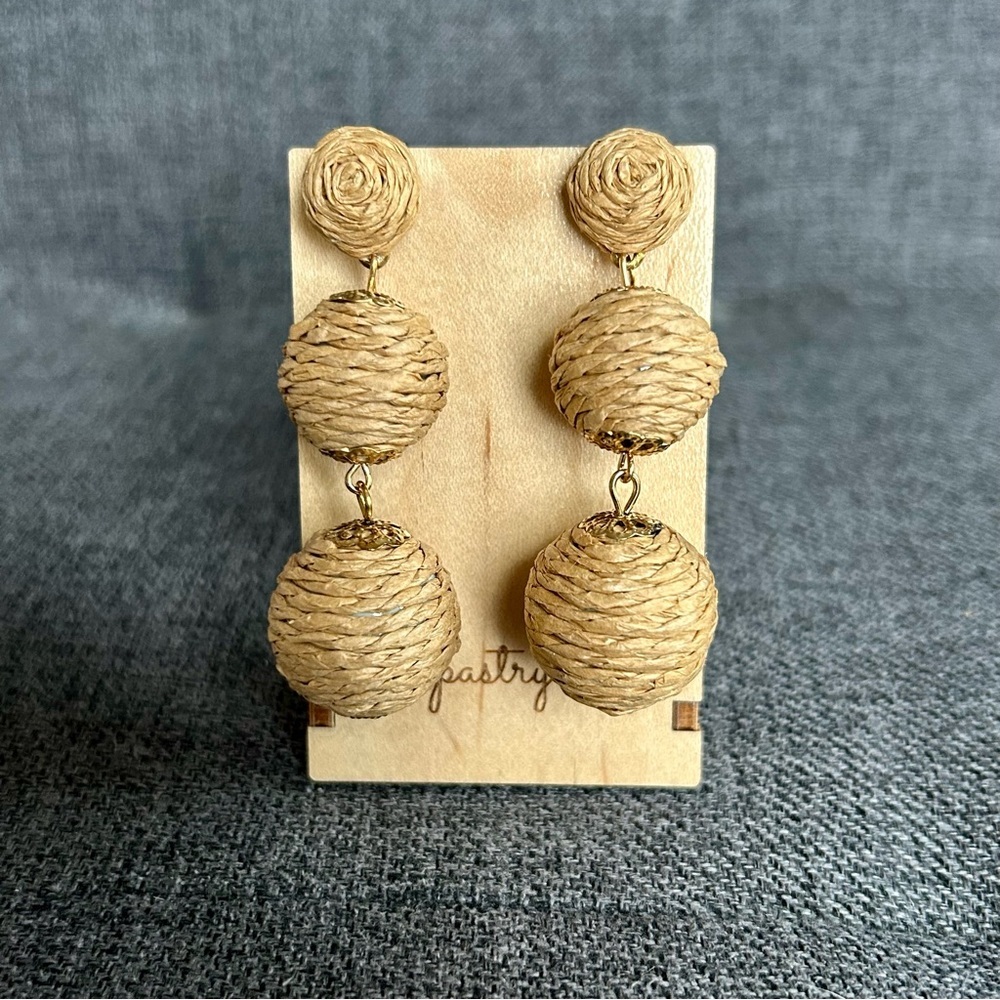 Rattan Covered, Dangling Drop Sphere Stud Earrings, Tan, Gold - Picture 3 of 17